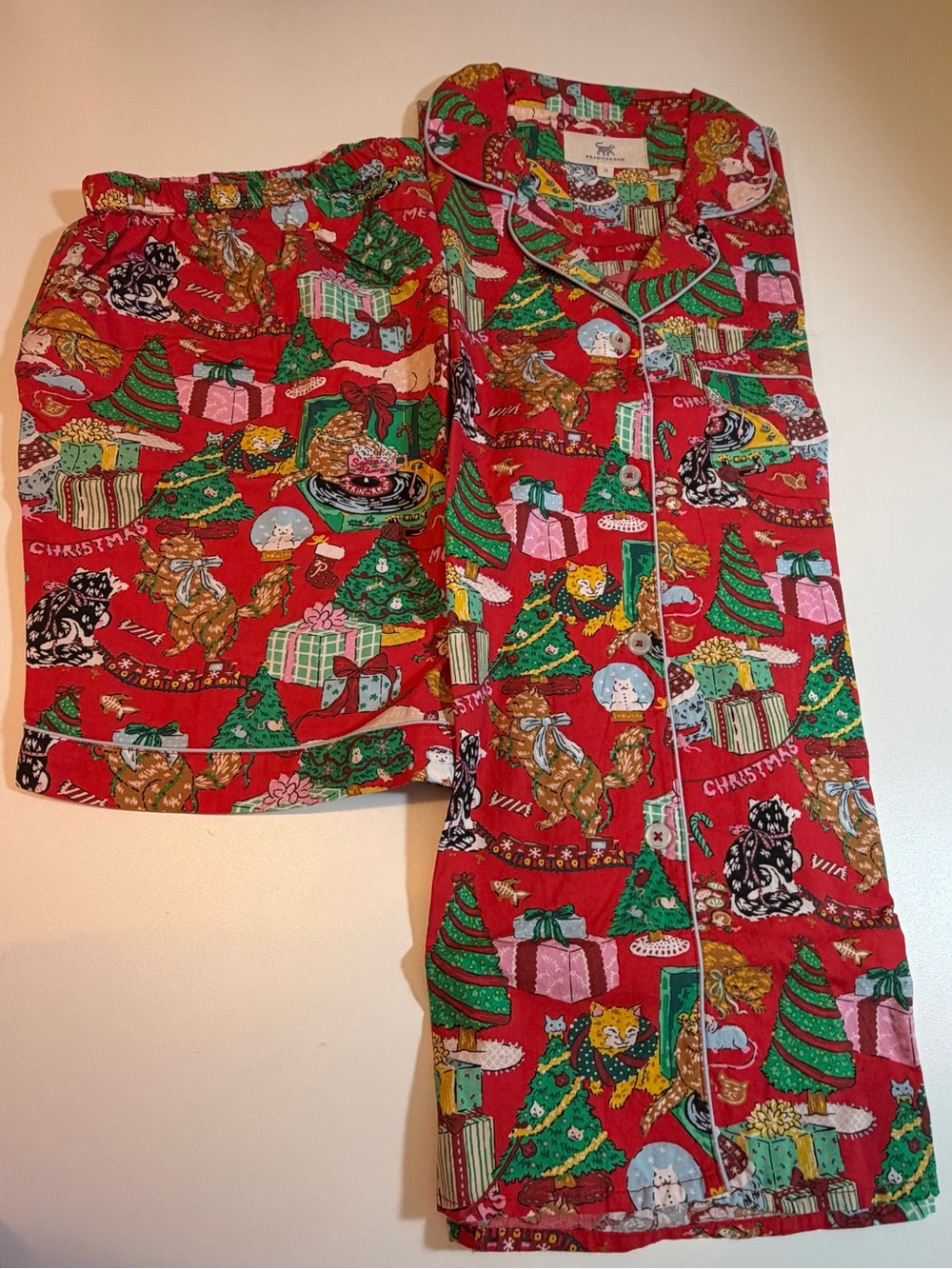 Printfresh Meowy Christmas Cotton Pajama Set NWT Long Sleeve Top & Short - Picture 4 of 7
